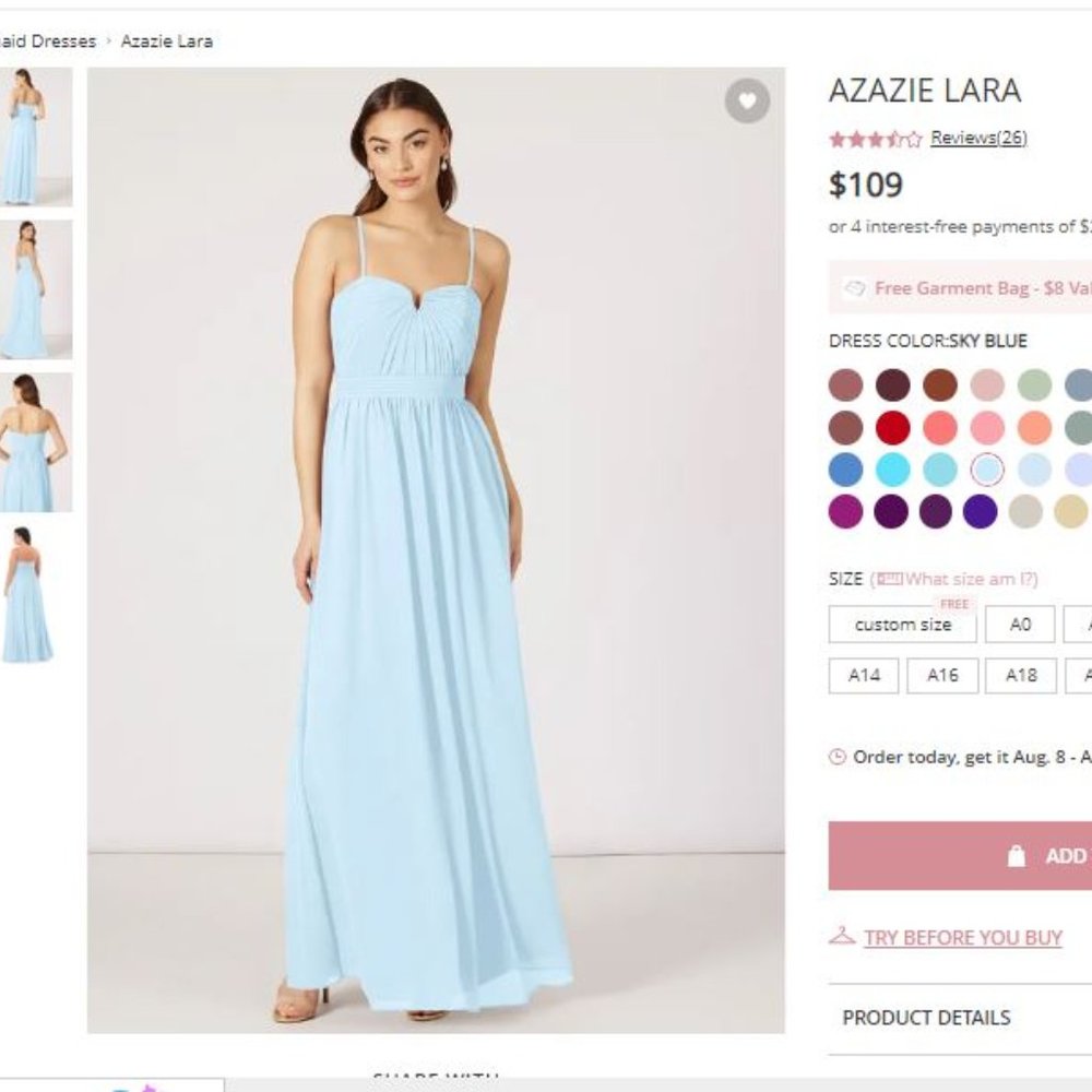 Azazie Lara Bridesmaids Dress in Sky Blue, Size 12